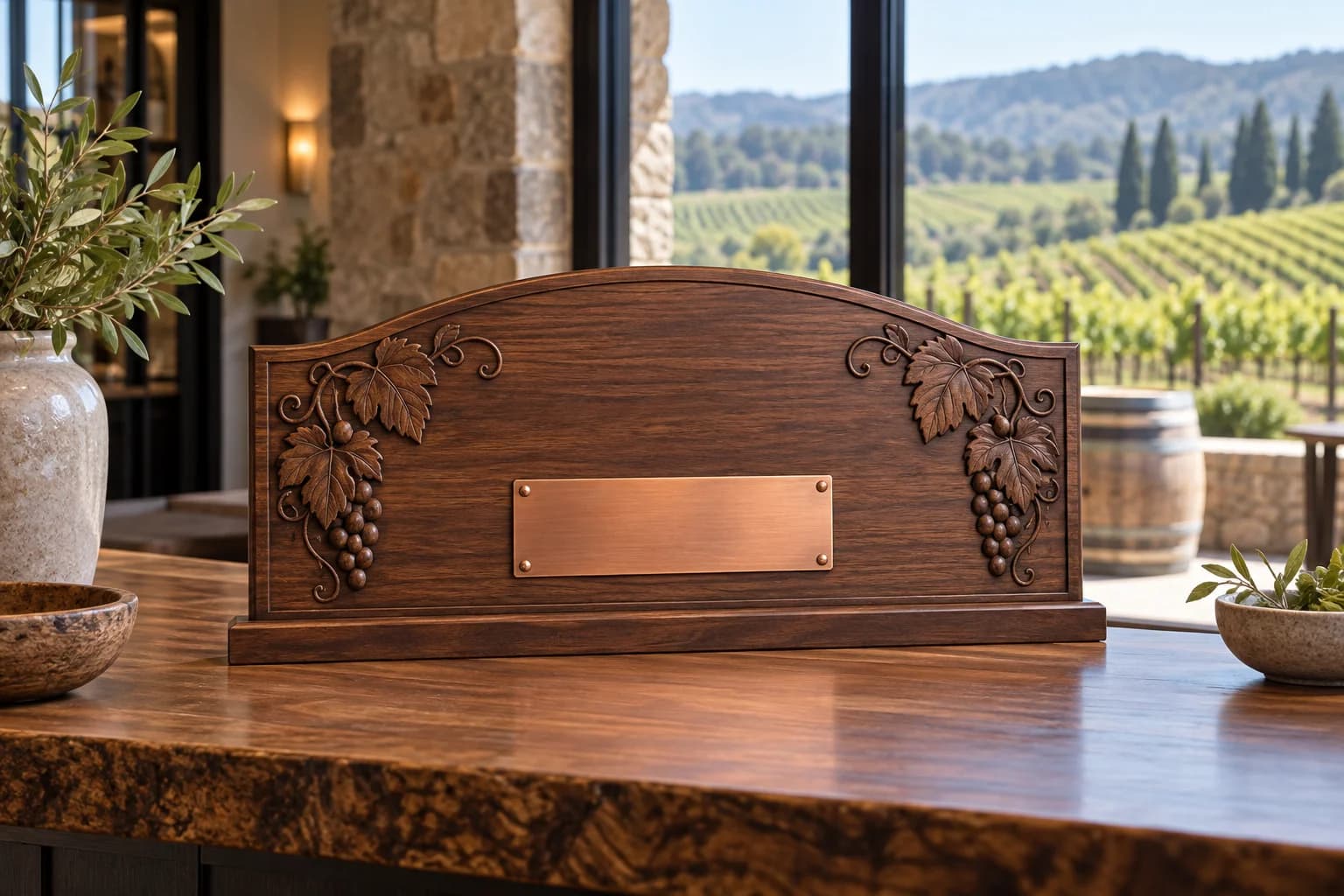 Blank grapevine wood sign with a copper inscription plate on a tasting counter