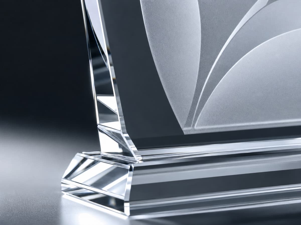 Illustrative macro detail of faceted crystal and a polished award base