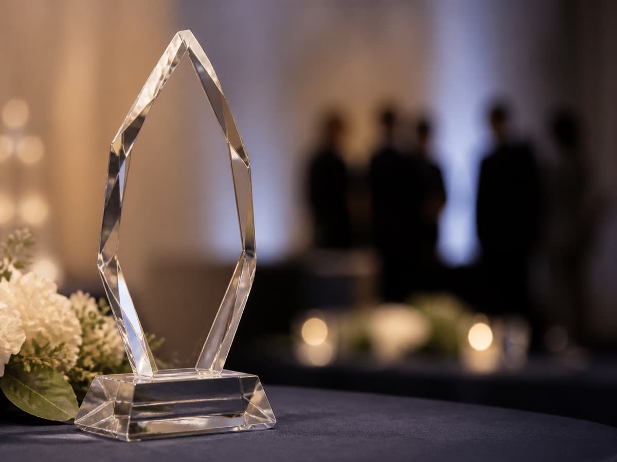 Illustrative blank crystal award displayed in a corporate presentation setting