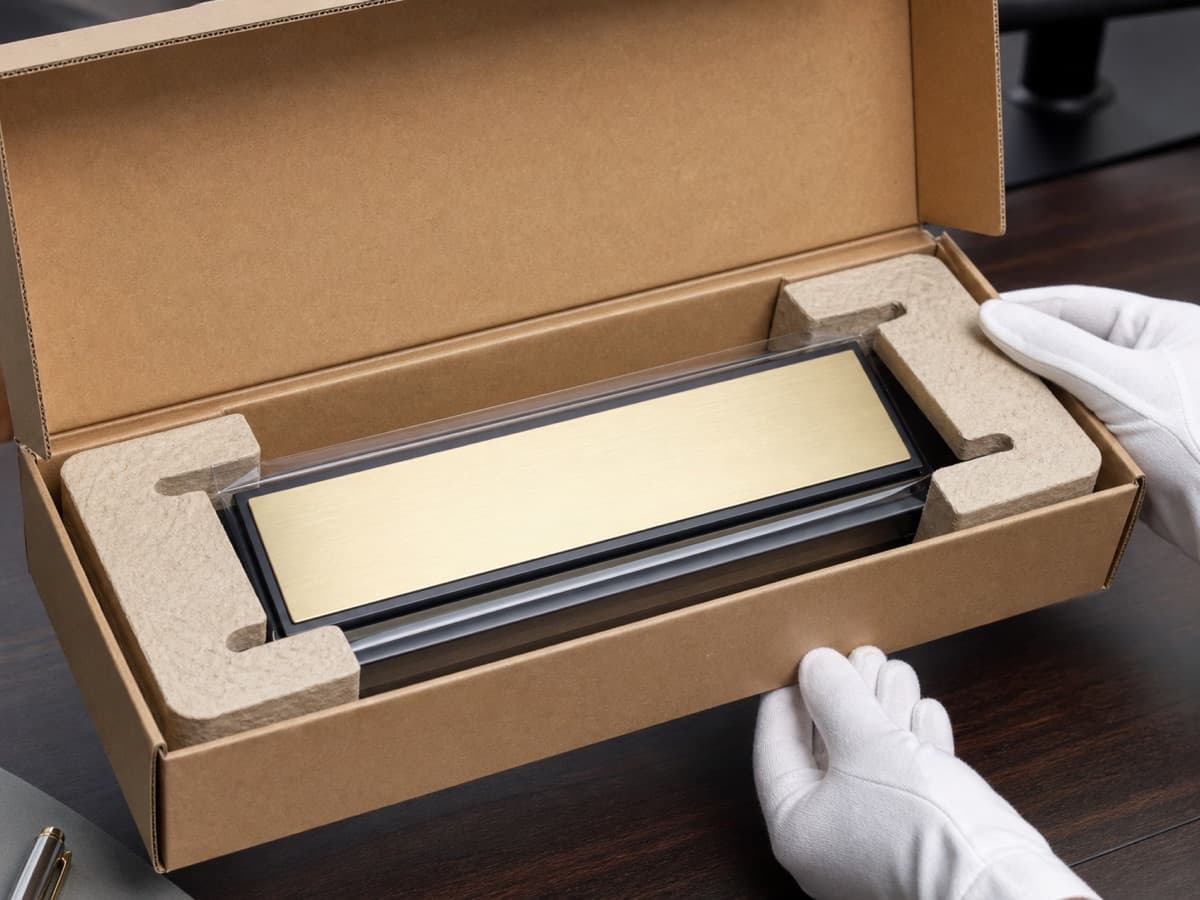 Illustrative fitted protective packing for an executive desk nameplate