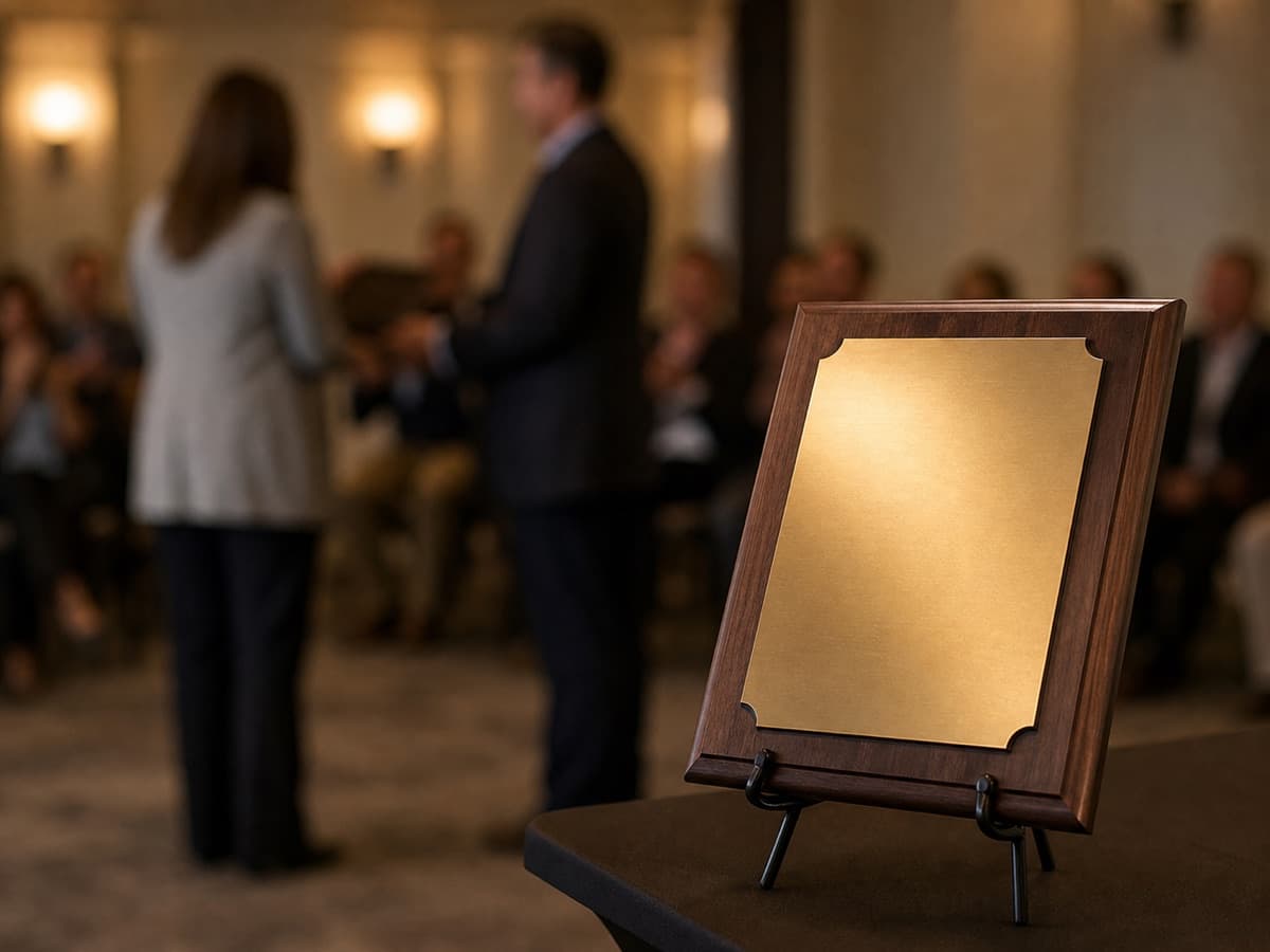 Illustrative walnut recognition plaque displayed before an employee appreciation presentation