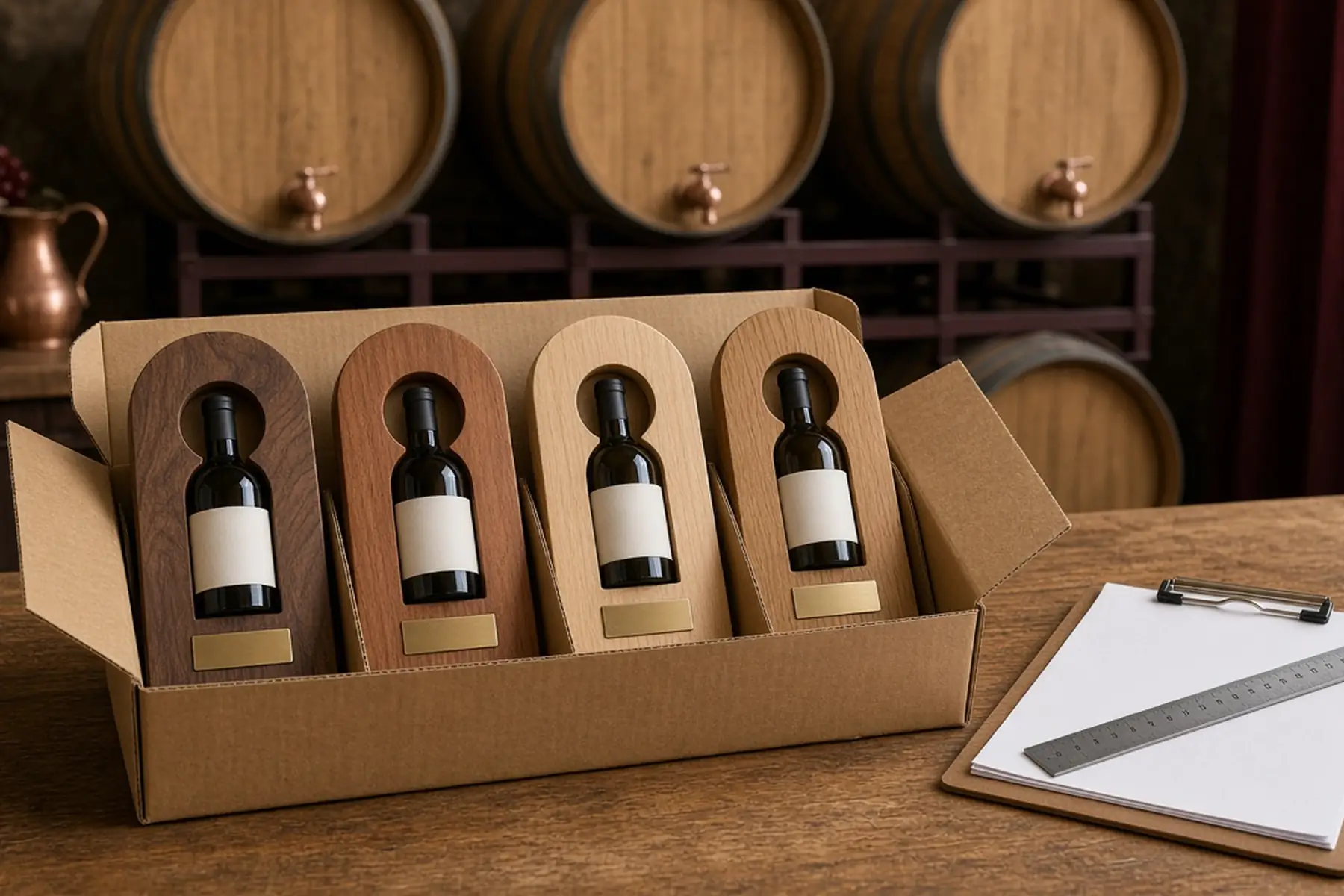 Coordinated order concept: matching Bottle Display & Award Plaque pieces grouped and separated for packing