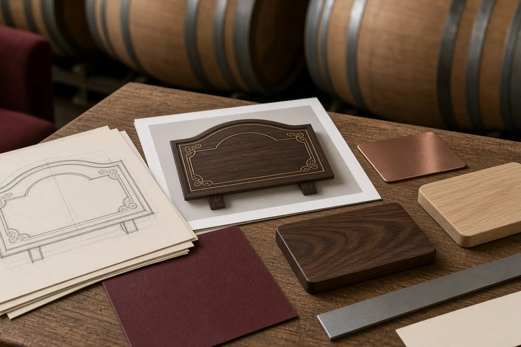 Design planning concept for a Tasting Room Sign: sketches, material swatches and a blank sample shape