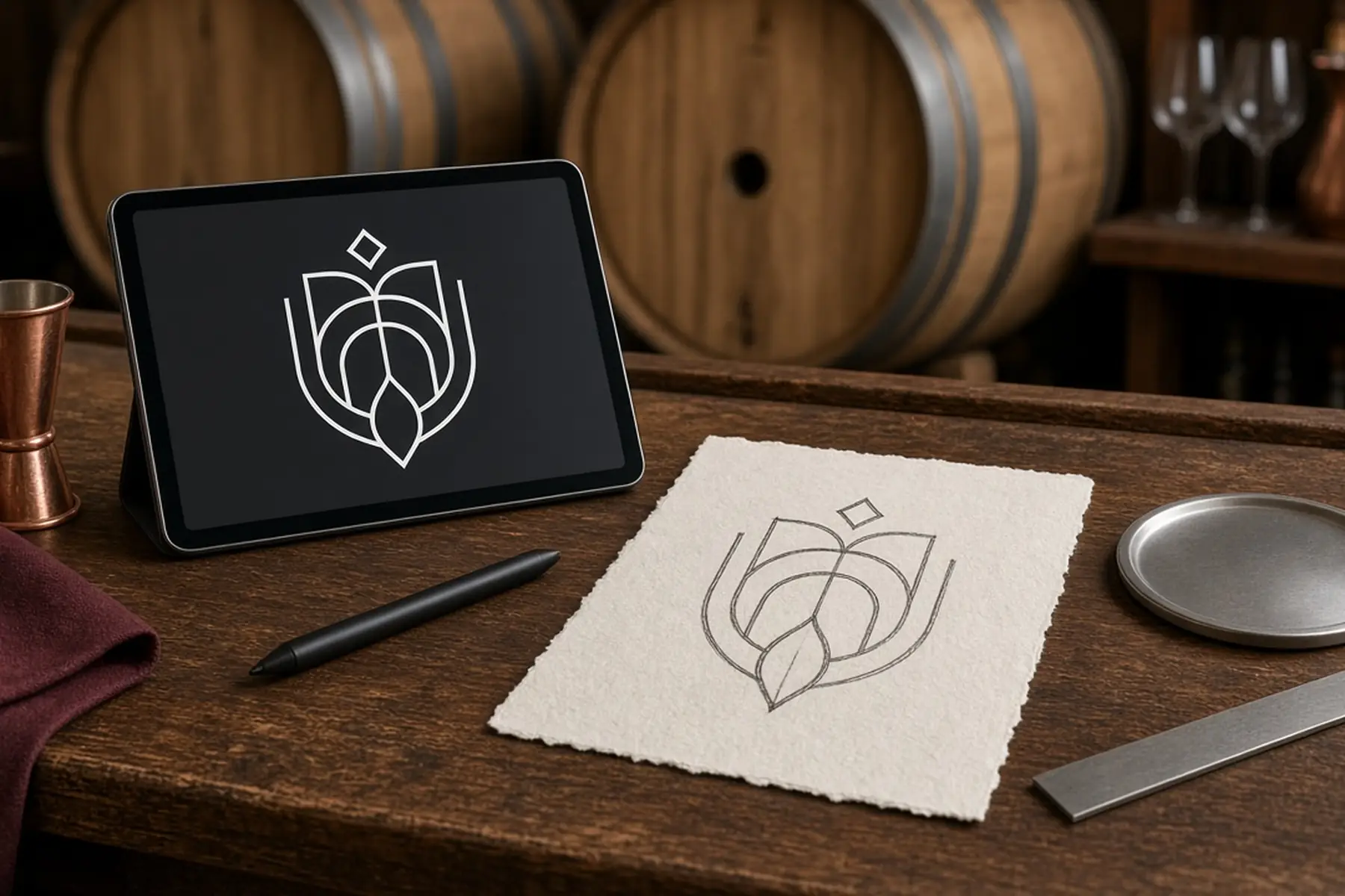 Artwork preparation concept: a simple emblem converted to clean outlines for a Tasting Room Sign