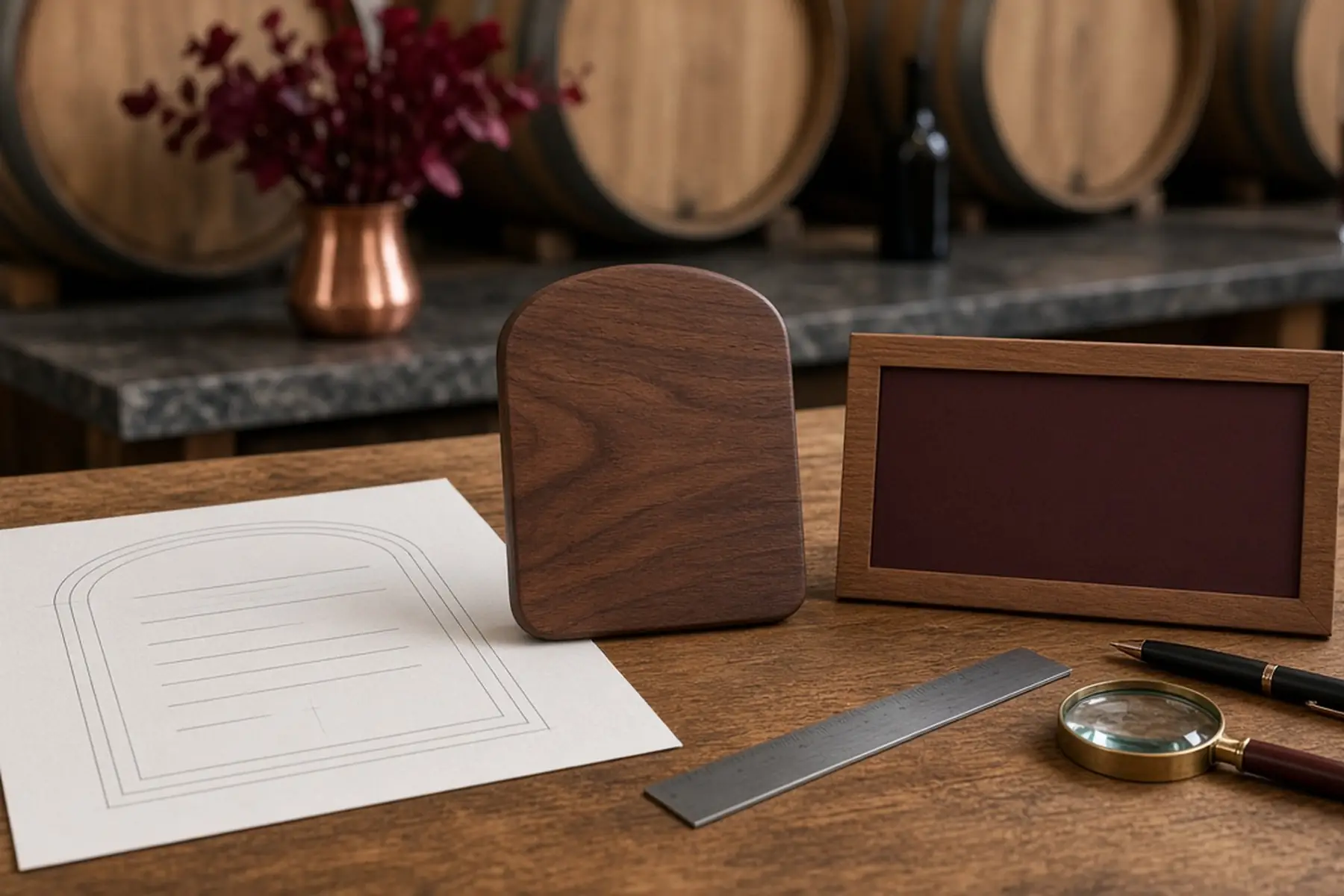 Proof review concept: a full-size layout checked against a blank Tasting Room Sign