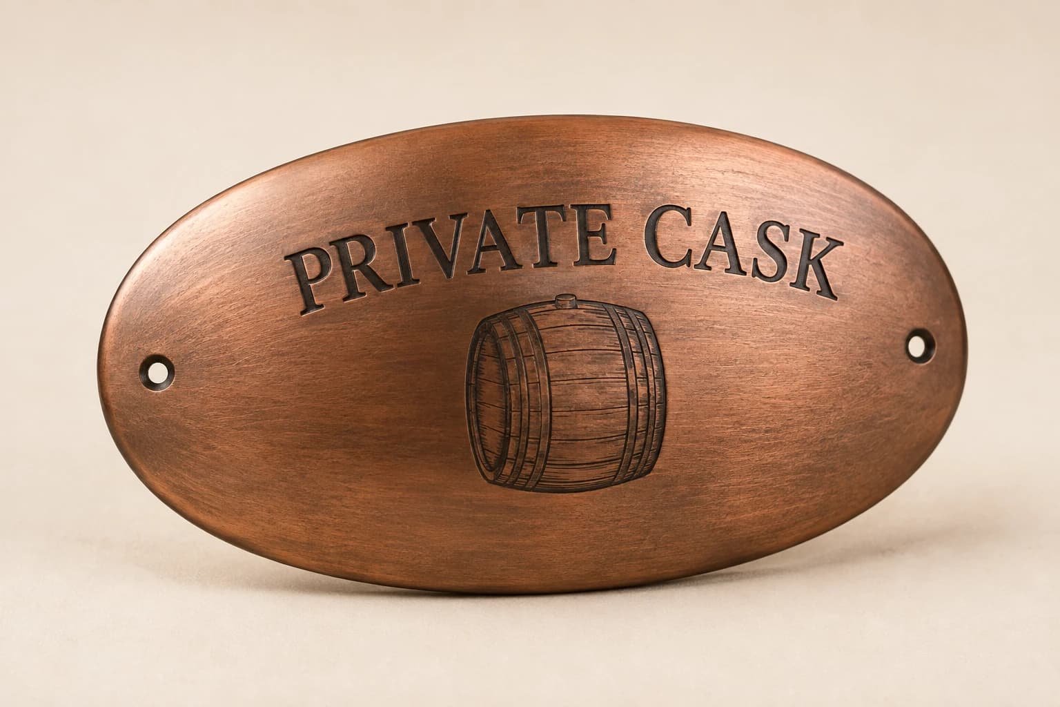 Curved copper private-cask dedication plaque with a barrel detail.