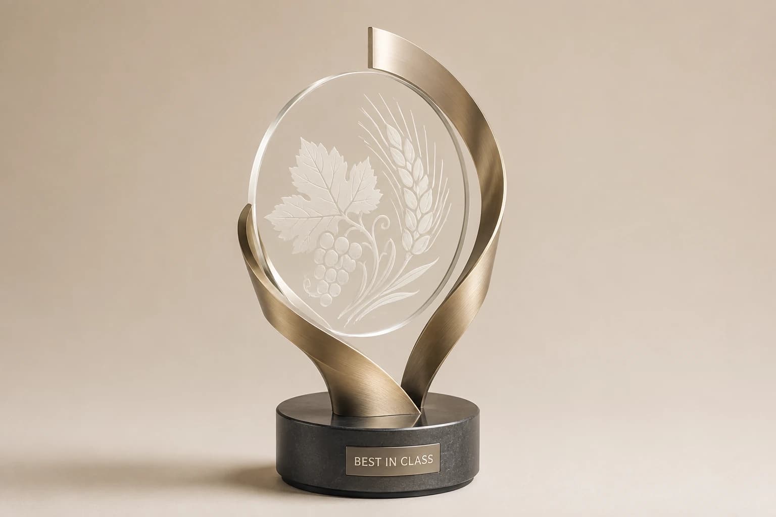Champagne metal ribbon trophy with a clear vine-and-barley medallion.