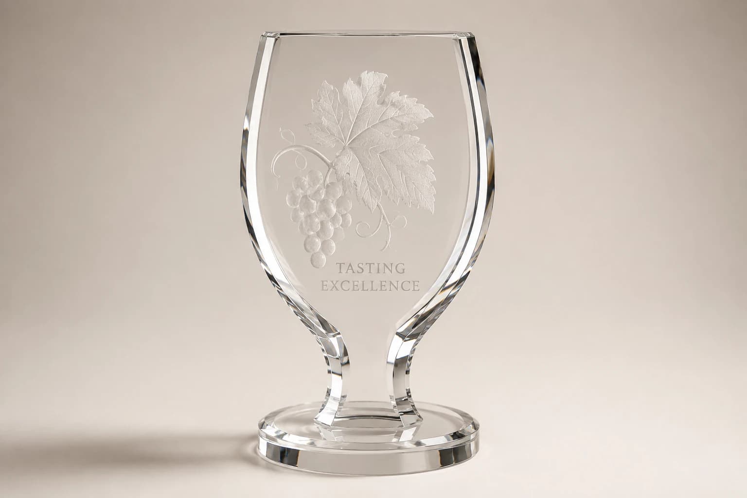 Faceted clear wine-glass-shaped tasting award with a grape-leaf engraving.