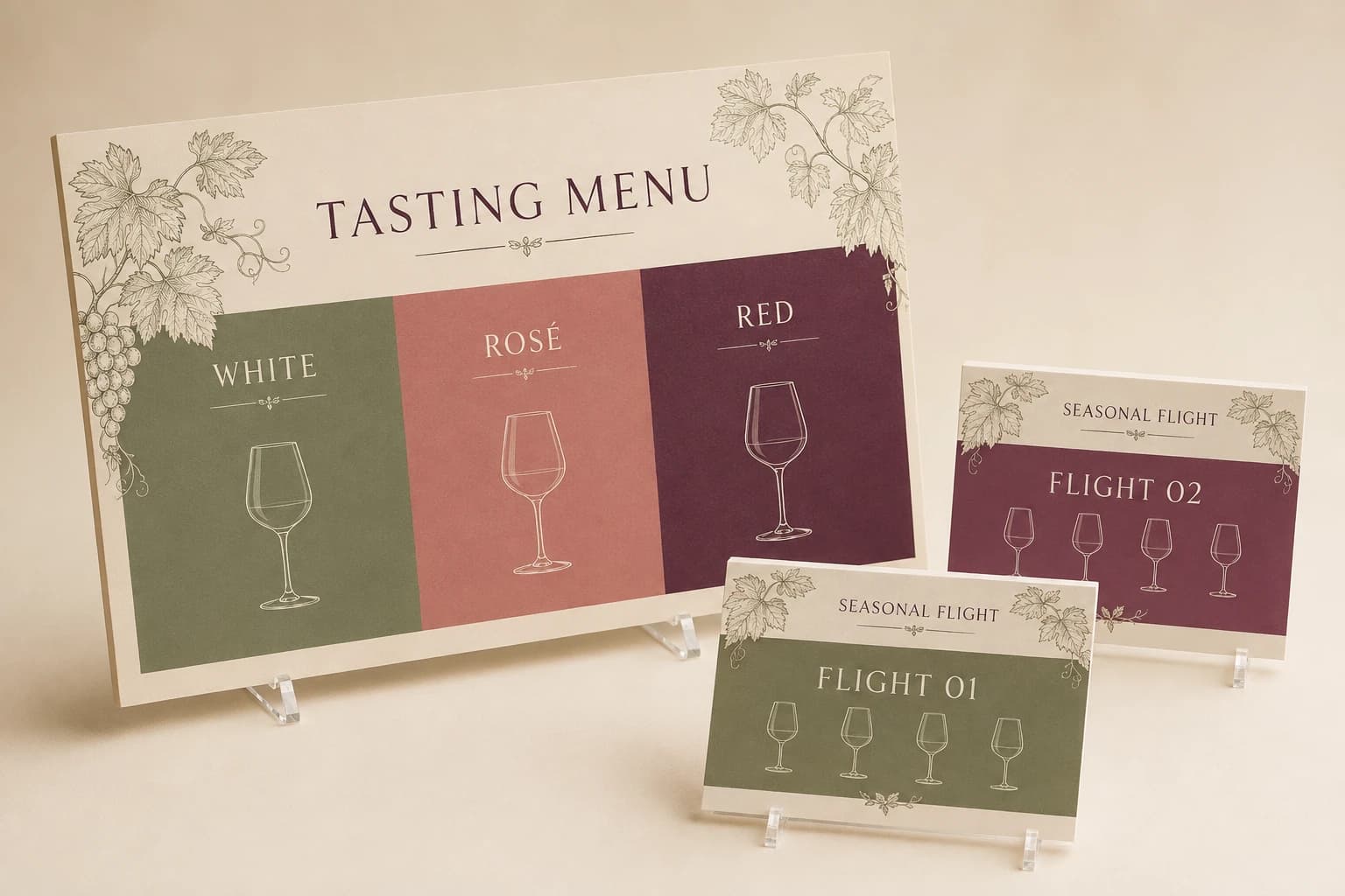 Cream, plum, and sage tasting menu board with coordinated flight table cards.