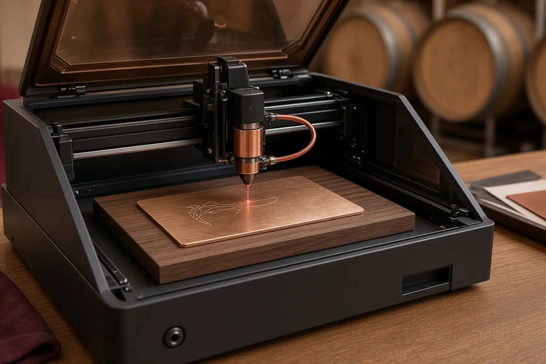 Engraving concept: a blank plate for a Tasting Room Sign inside an enclosed marking machine